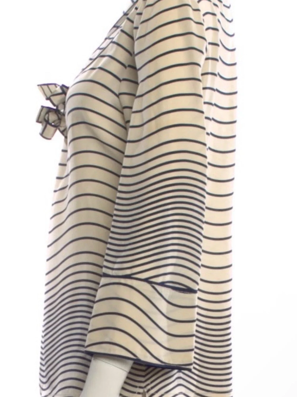 Tory Burch Cream and Black Striped Bow-Front Long Sleeve Top